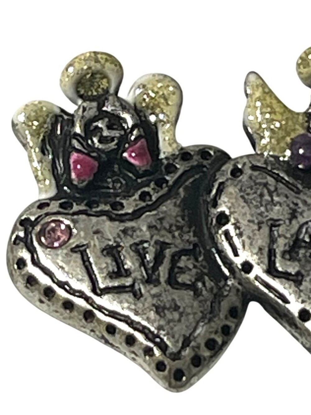 Three Angel Brooch Pin Live Laugh Love Enameled Glitter Wings & Halo Rhinestones - Picture 5 of 12